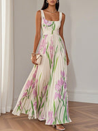 Women's Floral Maxi Dress with Square Neck and Pleated Skirt™ – Zeitlose Eleganz für besondere Momente