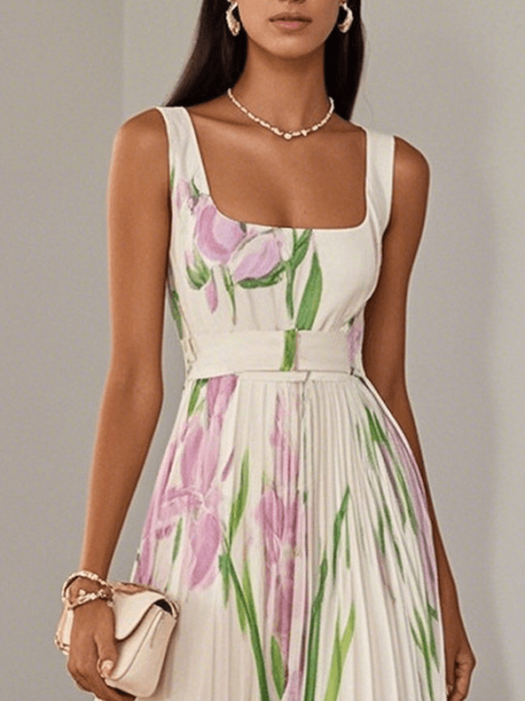 Women's Floral Maxi Dress with Square Neck and Pleated Skirt™ – Zeitlose Eleganz für besondere Momente