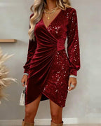Women's Velvet Sequin Wrap Mini Dress with Long Sleeves and Draped Waist™ – Elegante Glam-Ausstrahlung für besondere Anlässe