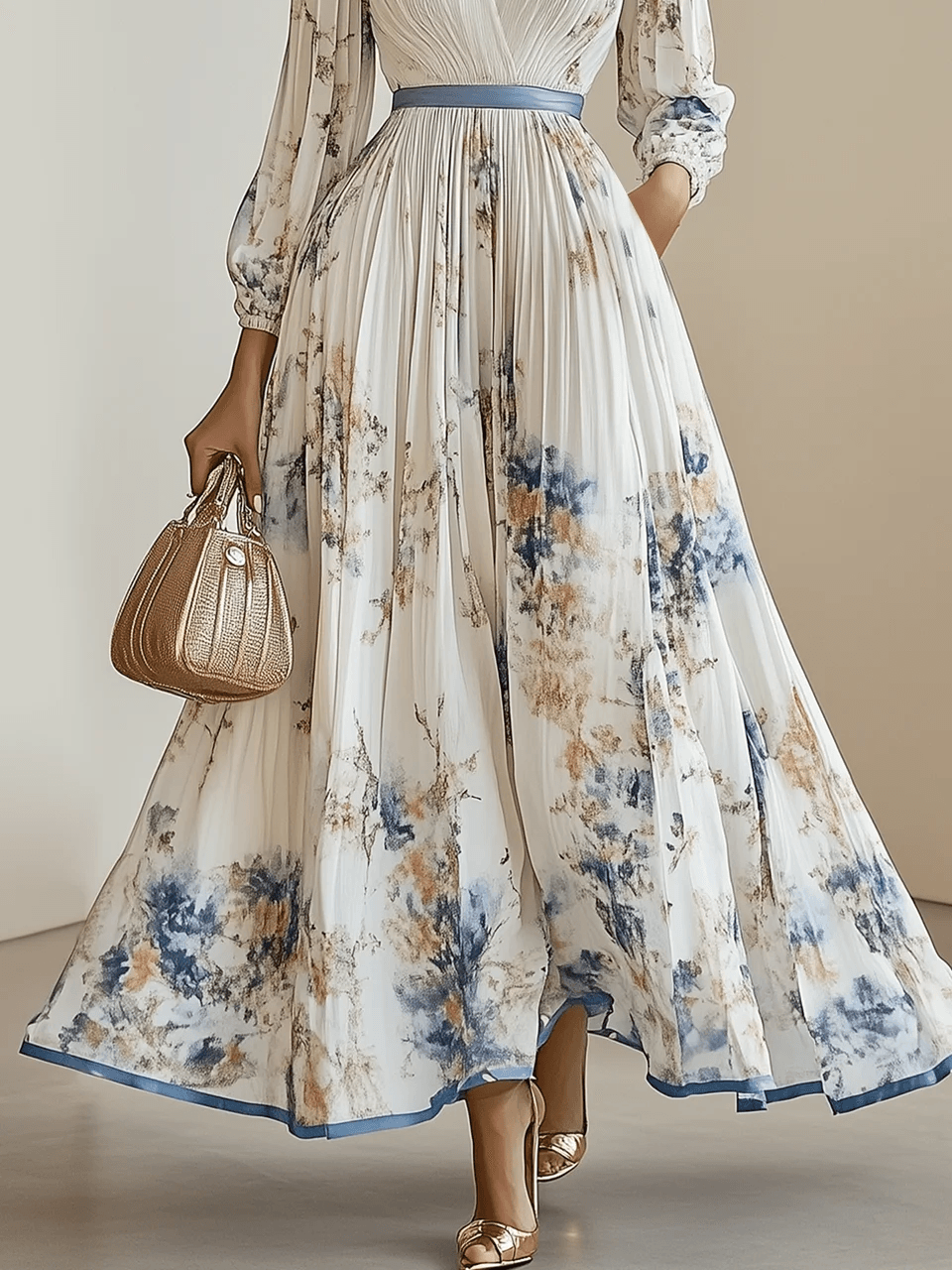 Women's Floral Pleated Maxi Dress with V-Neck and Long Sleeves™ – Zeitlose Eleganz für jeden Anlass
