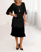 Women's Elegant Midi Dress with Ruffle Layers and Split Sleeves™ – Zeitlose Eleganz mit femininen Details