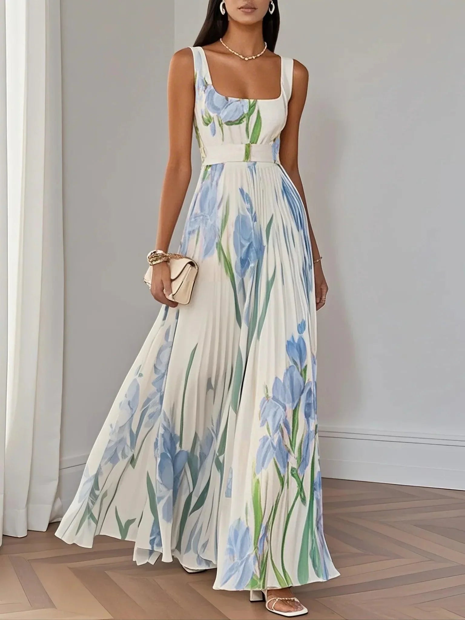 Women's Floral Maxi Dress with Square Neck and Pleated Skirt™ – Zeitlose Eleganz für besondere Momente