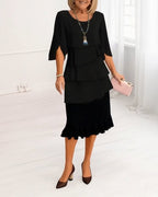 Women's Elegant Midi Dress with Ruffle Layers and Split Sleeves™ – Zeitlose Eleganz mit femininen Details