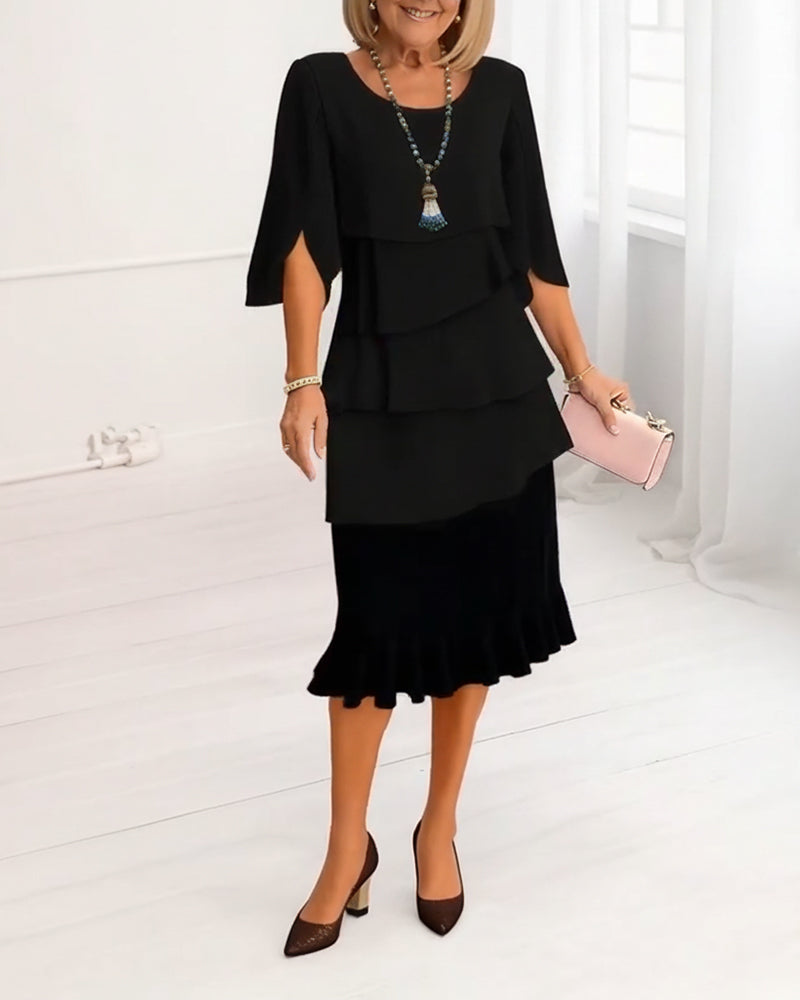 Women's Elegant Midi Dress with Ruffle Layers and Split Sleeves™ – Zeitlose Eleganz mit femininen Details