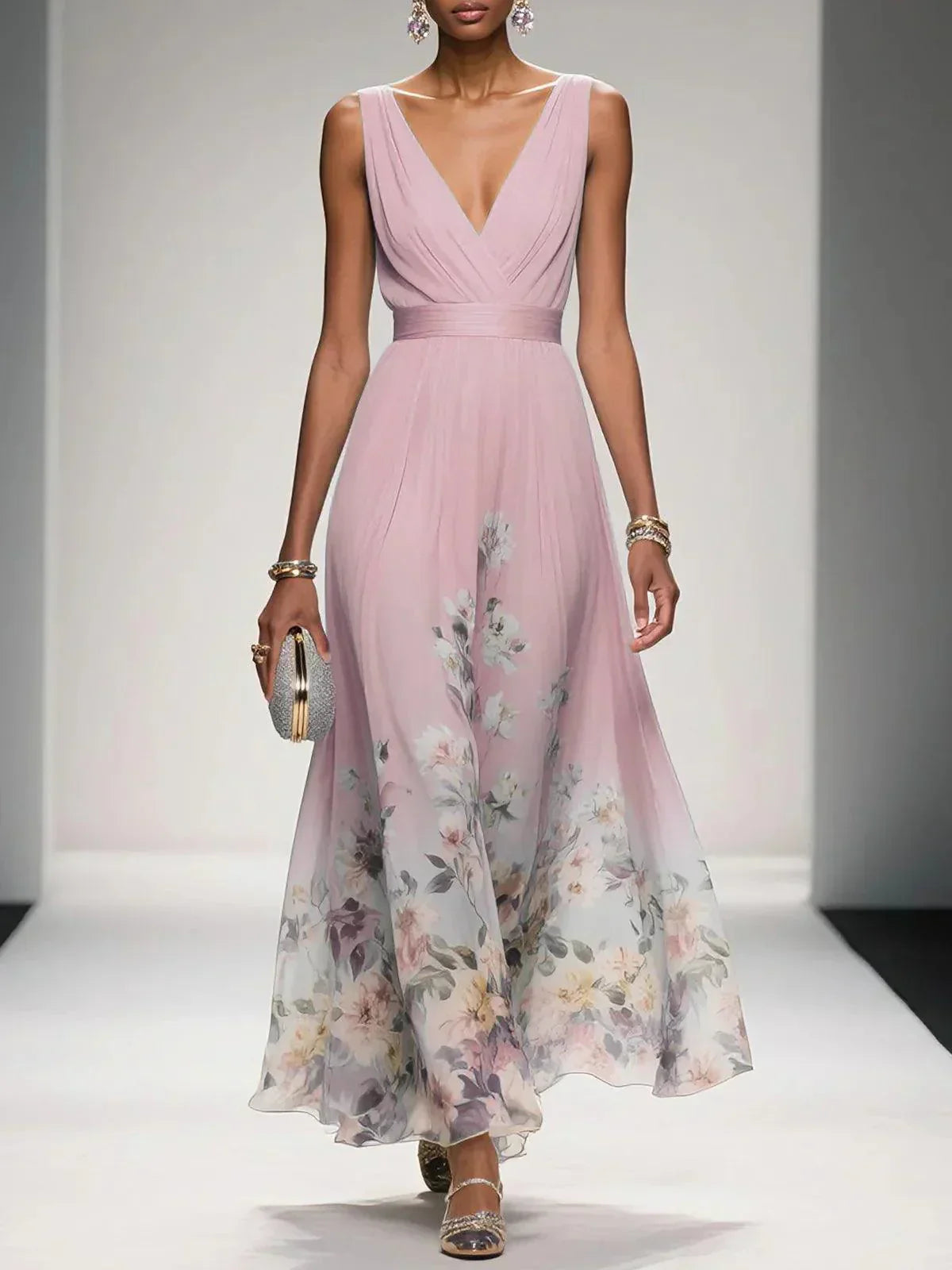 Women's Floral V Neck Elegant Flowing Summer Maxi Dress™ – Elegante Leichtigkeit für warme Tage