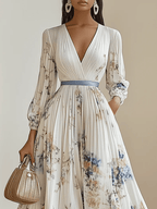 Women's Floral Pleated Maxi Dress with V-Neck and Long Sleeves™ – Zeitlose Eleganz für jeden Anlass