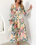 Women's Floral V-Neck Midi Dress with Long Sleeves™ – Zeitlose Eleganz für jeden Anlass