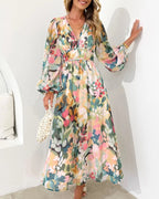 Women's Floral V-Neck Midi Dress with Long Sleeves™ – Zeitlose Eleganz für jeden Anlass