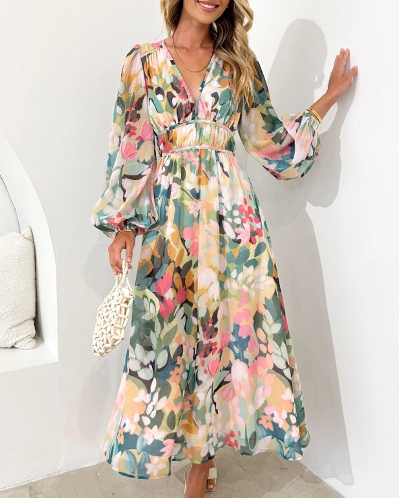Women's Floral V-Neck Midi Dress with Long Sleeves™ – Zeitlose Eleganz für jeden Anlass