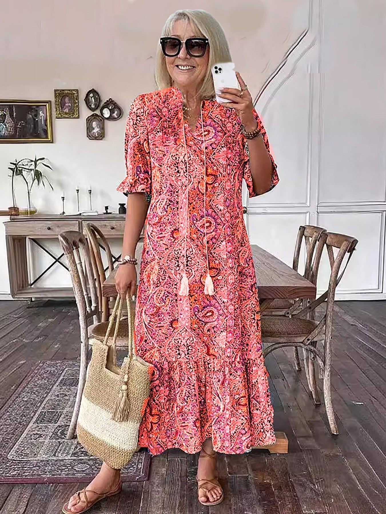 Relaxed Boho Pattern Midi Dress™ – Müheloses Tragen mit Stil