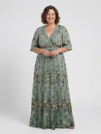 Women's Floral Maxi Dress with V-Neck and Sheer Sleeves™ – Mühelose Eleganz für besondere Momente
