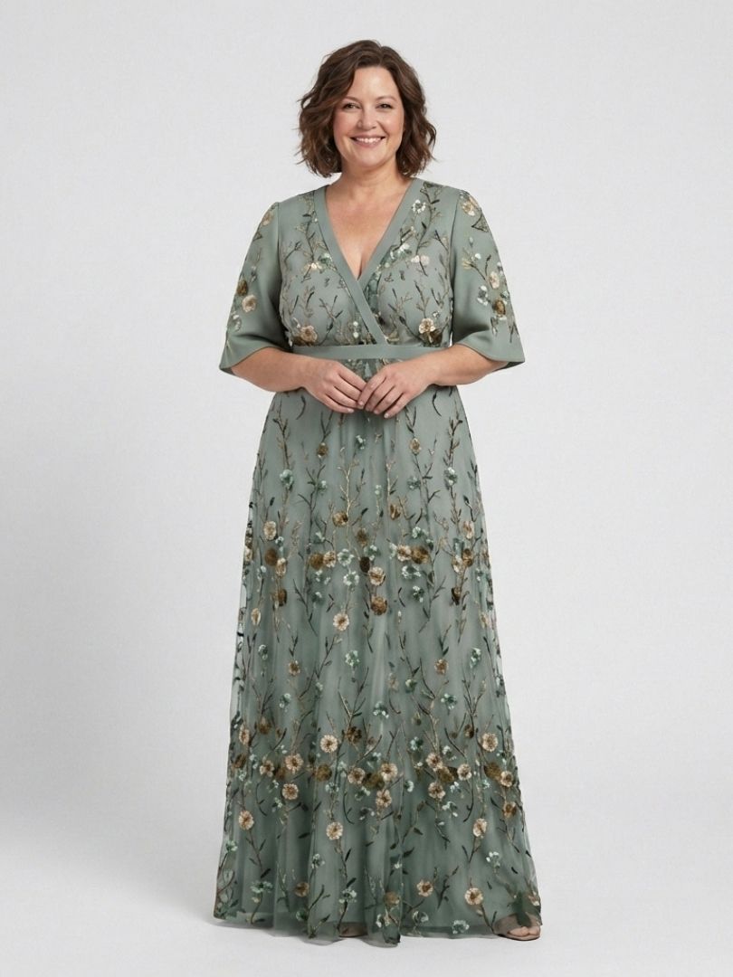 Women's Floral Maxi Dress with V-Neck and Sheer Sleeves™ – Mühelose Eleganz für besondere Momente