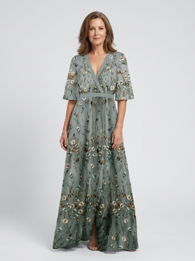 Women's Floral Maxi Dress with V-Neck and Sheer Sleeves™ – Mühelose Eleganz für besondere Momente