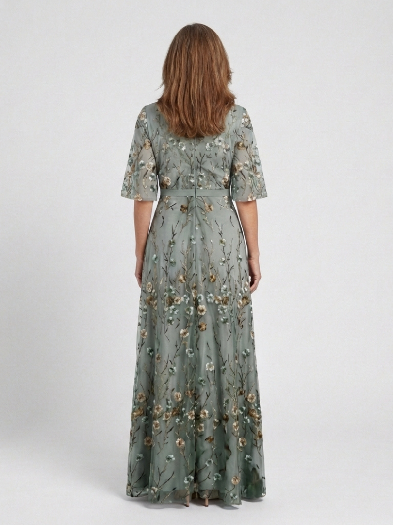 Women's Floral Maxi Dress with V-Neck and Sheer Sleeves™ – Mühelose Eleganz für besondere Momente