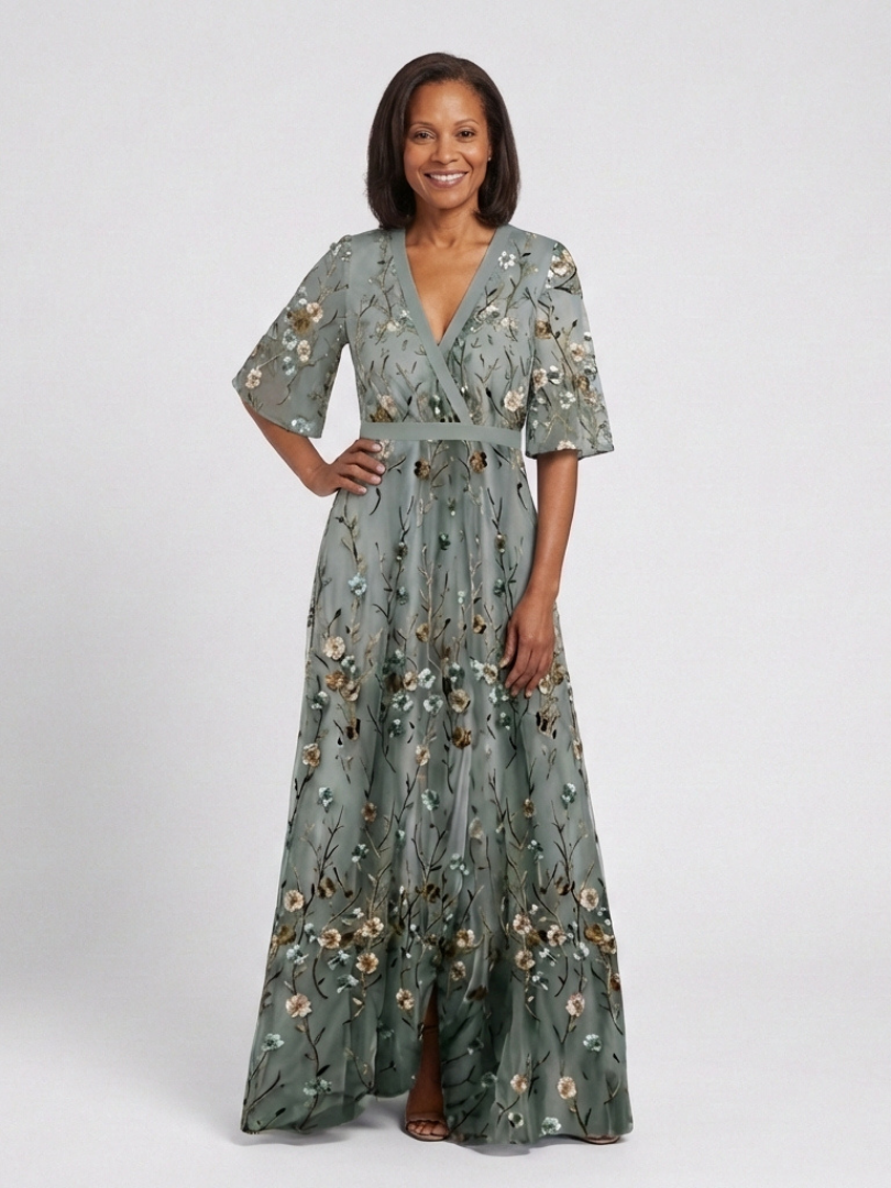 Women's Floral Maxi Dress with V-Neck and Sheer Sleeves™ – Mühelose Eleganz für besondere Momente