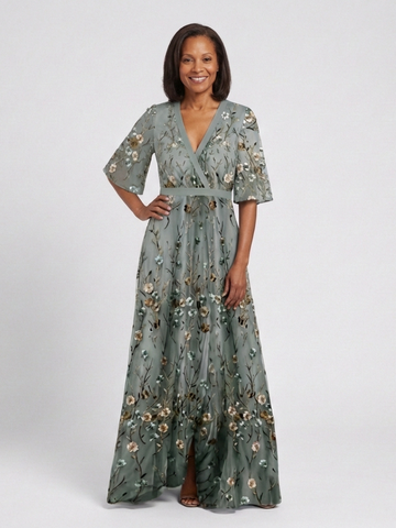 Women's Floral Maxi Dress with V-Neck and Sheer Sleeves™ – Mühelose Eleganz für besondere Momente