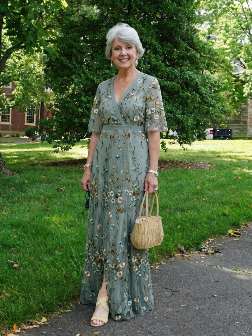 Women's Floral Maxi Dress with V-Neck and Sheer Sleeves™ – Mühelose Eleganz für besondere Momente