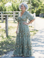 Women's Floral Maxi Dress with V-Neck and Sheer Sleeves™ – Mühelose Eleganz für besondere Momente