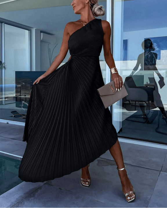 Women's One Shoulder Pleated Elegant Flowing Evening Midi Dress™ – Zeitlose Eleganz für besondere Anlässe