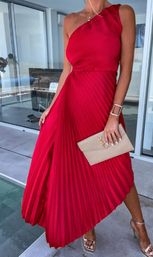 Women's One Shoulder Pleated Elegant Flowing Evening Midi Dress™ – Zeitlose Eleganz für besondere Anlässe