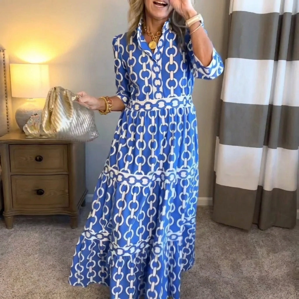 Women's Chain Print V-Neck Midi Dress with 3/4 Sleeves™ – Elegante Vielseitigkeit für jeden Anlass