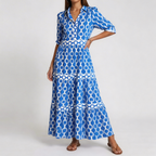 Women's Chain Print V-Neck Midi Dress with 3/4 Sleeves™ – Elegante Vielseitigkeit für jeden Anlass