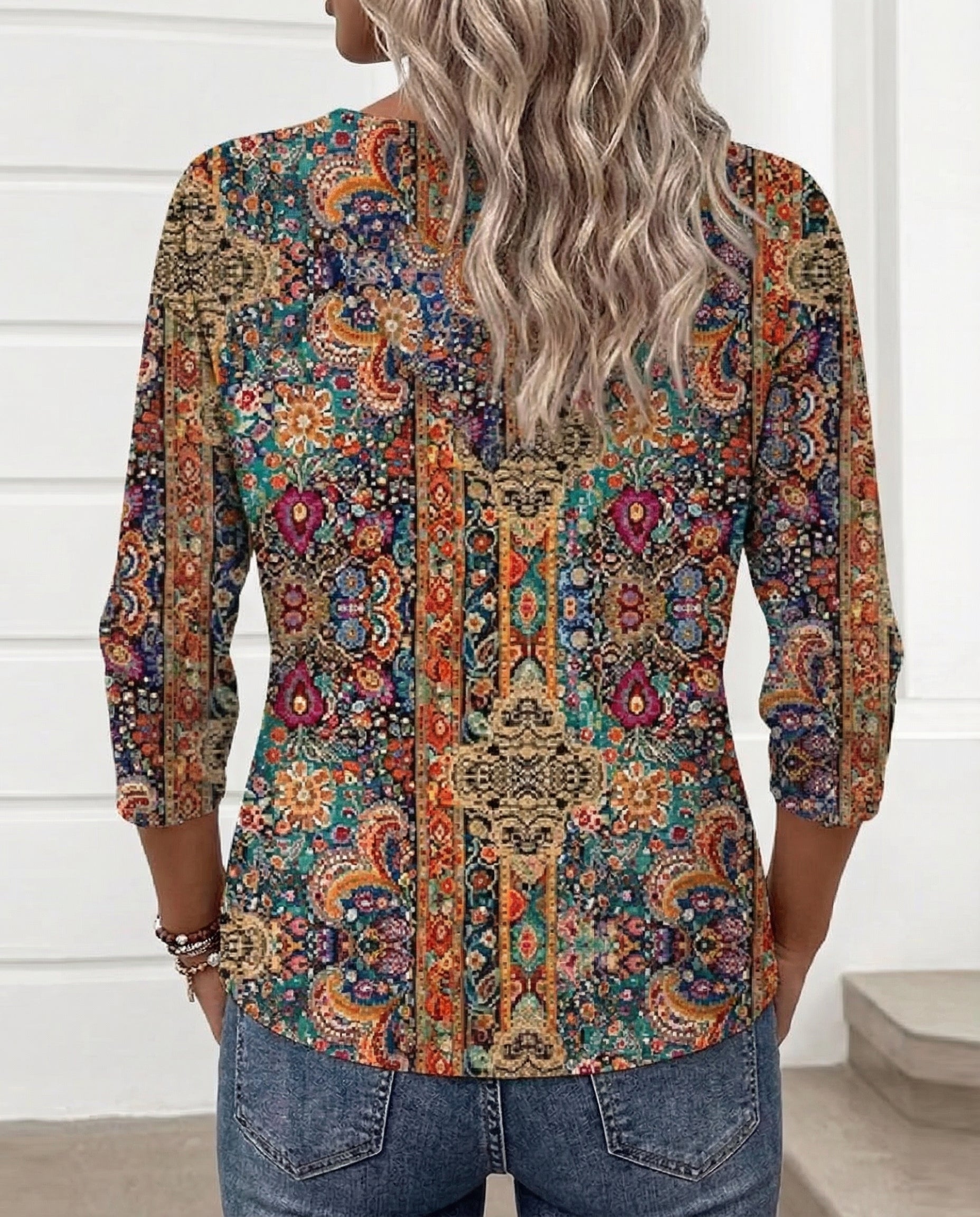 Women's Bohemian Printed Blouse V Neck Loose Fit Casual Top™ – Mühelose Eleganz für jeden Tag