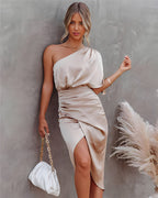 Women's One Shoulder Satin Wrap Elegant Midi Party Dress™ – Zeitlose Eleganz für besondere Anlässe