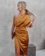 Women's One Shoulder Satin Wrap Elegant Midi Party Dress™ – Zeitlose Eleganz für besondere Anlässe