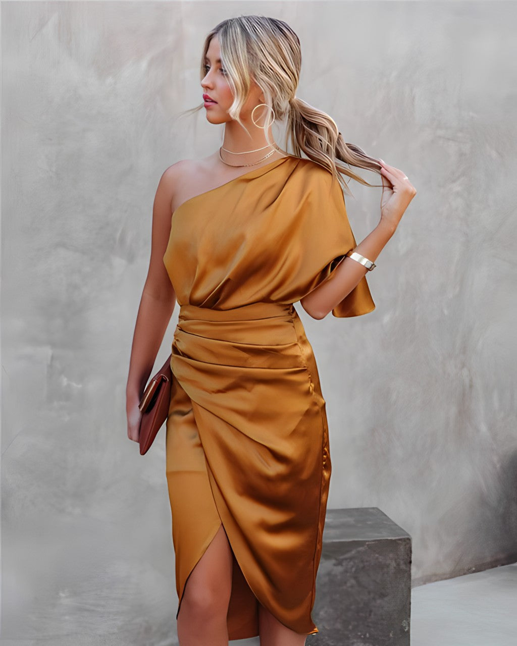 Women's One Shoulder Satin Wrap Elegant Midi Party Dress™ – Zeitlose Eleganz für besondere Anlässe