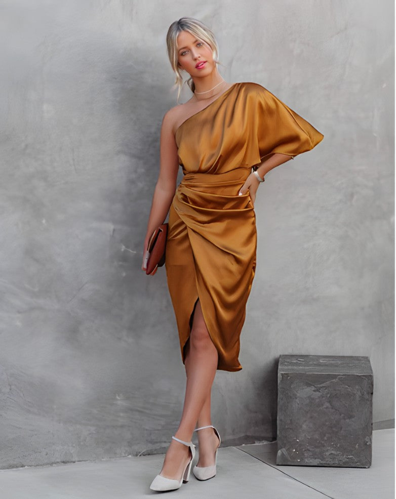 Women's One Shoulder Satin Wrap Elegant Midi Party Dress™ – Zeitlose Eleganz für besondere Anlässe
