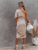 Women's One Shoulder Satin Wrap Elegant Midi Party Dress™ – Zeitlose Eleganz für besondere Anlässe