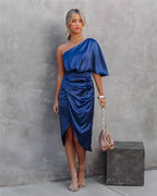 Women's One Shoulder Satin Wrap Elegant Midi Party Dress™ – Zeitlose Eleganz für besondere Anlässe