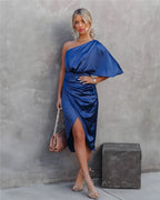 Women's One Shoulder Satin Wrap Elegant Midi Party Dress™ – Zeitlose Eleganz für besondere Anlässe