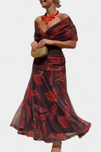 Women's Off Shoulder Midi Dress with Fitted Waist and Flowing Skirt™ – Elegante Feminine Ausstrahlung