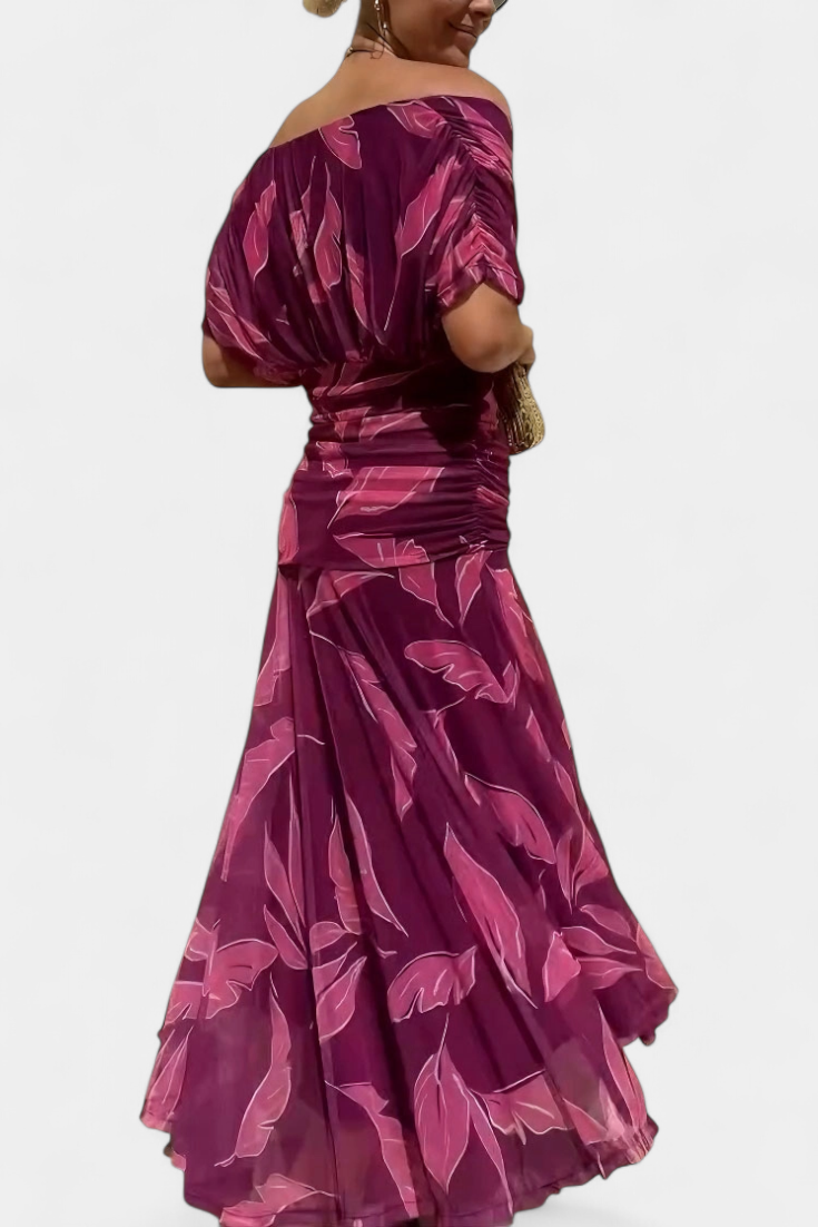 Women's Off Shoulder Midi Dress with Fitted Waist and Flowing Skirt™ – Elegante Feminine Ausstrahlung