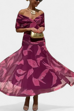 Women's Off Shoulder Midi Dress with Fitted Waist and Flowing Skirt™ – Elegante Feminine Ausstrahlung