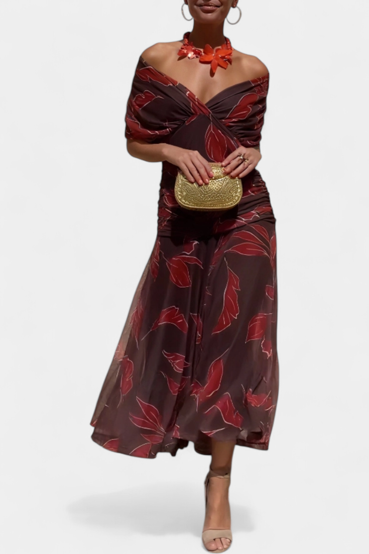 Women's Off Shoulder Midi Dress with Fitted Waist and Flowing Skirt™ – Elegante Feminine Ausstrahlung