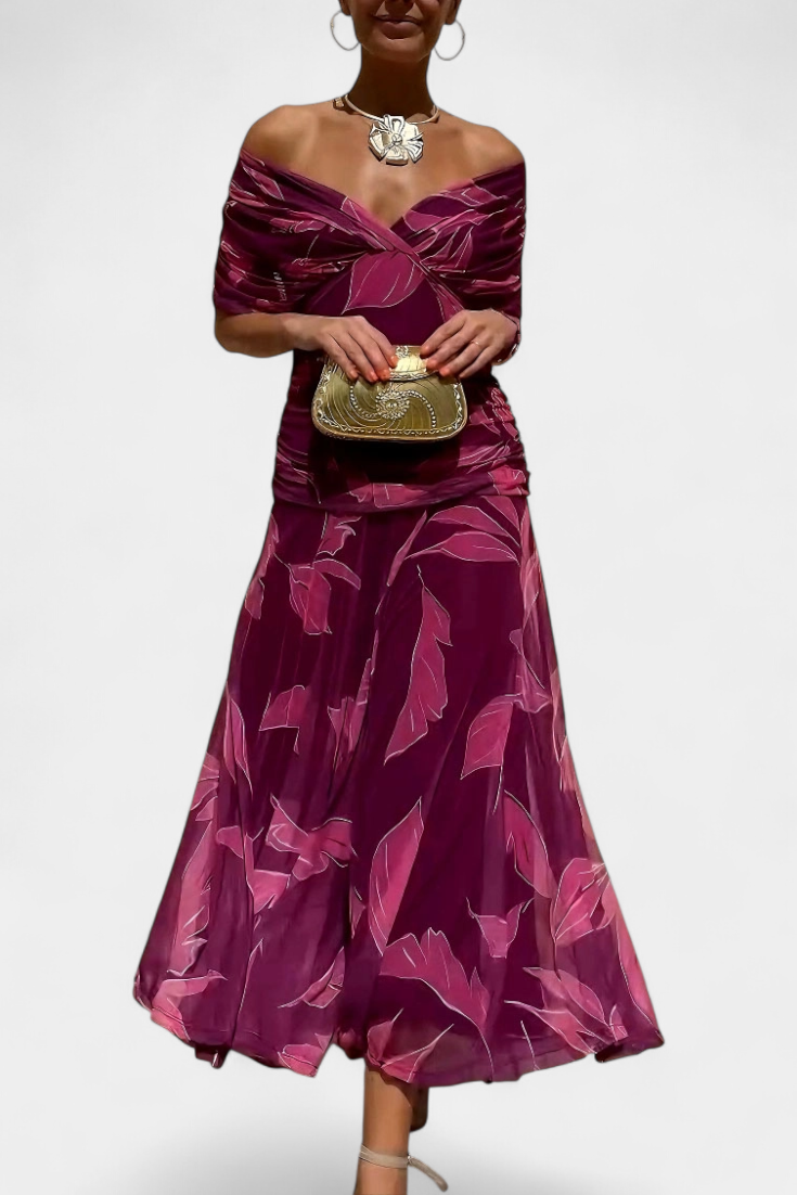 Women's Off Shoulder Midi Dress with Fitted Waist and Flowing Skirt™ – Elegante Feminine Ausstrahlung