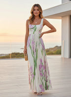 Women's Floral Maxi Dress with Square Neck and Pleated Skirt™ – Zeitlose Eleganz für besondere Momente