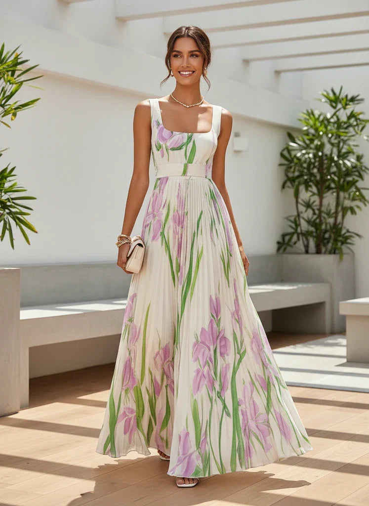 Women's Floral Maxi Dress with Square Neck and Pleated Skirt™ – Zeitlose Eleganz für besondere Momente