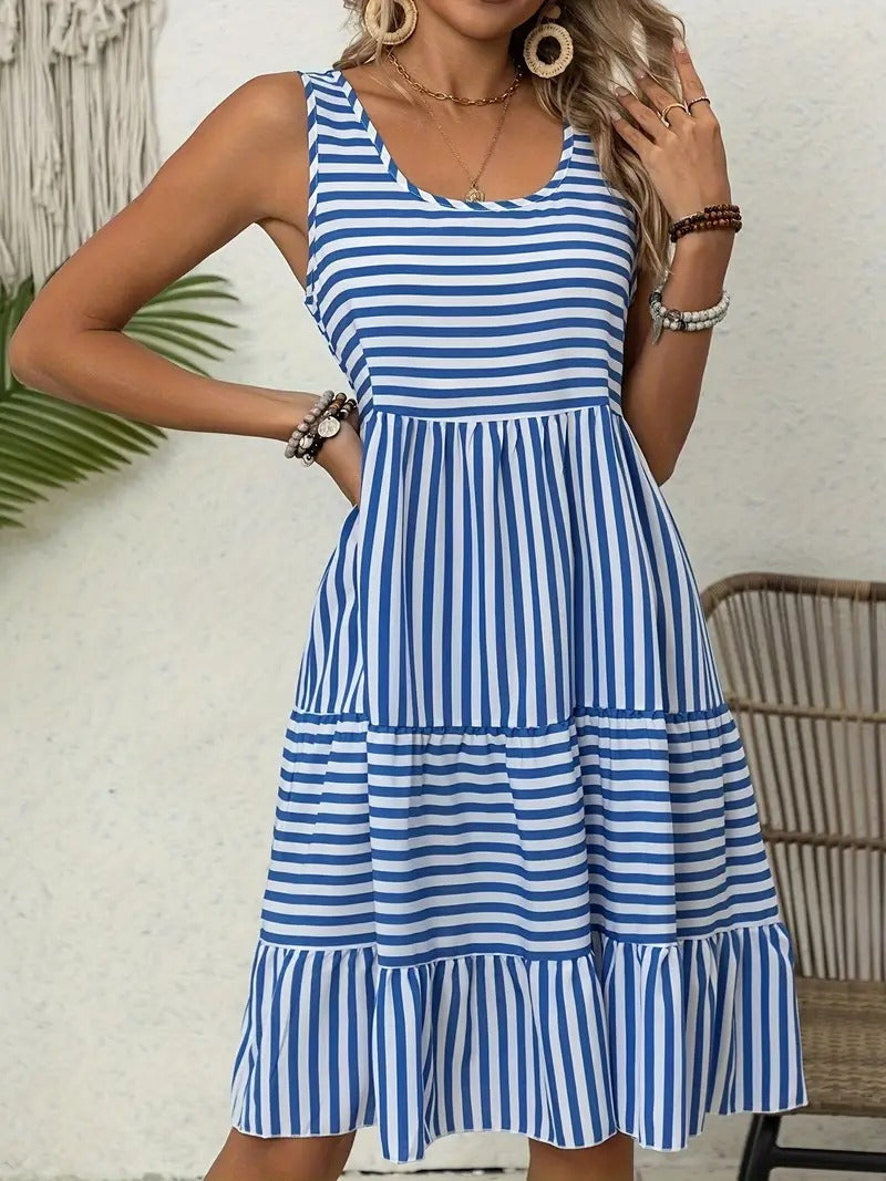 Women's Striped Sleeveless Relaxed Fit Tiered Summer Dress™ – Mühelose Eleganz für warme Tage