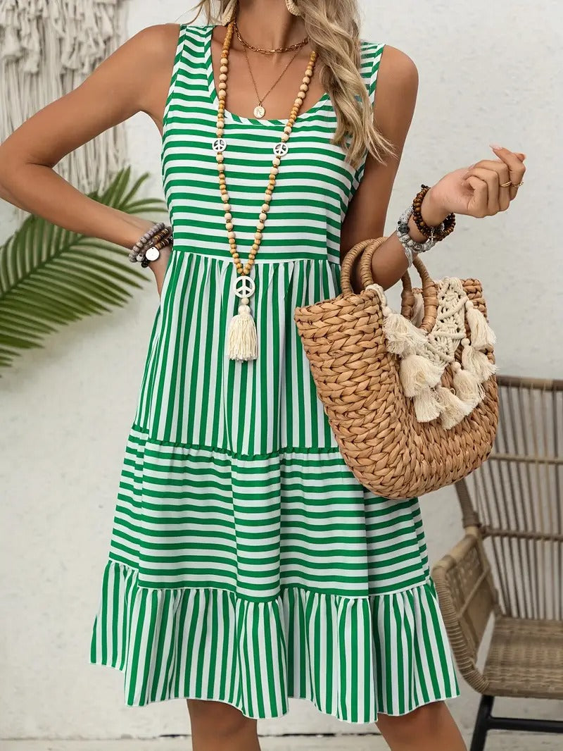 Women's Striped Sleeveless Relaxed Fit Tiered Summer Dress™ – Mühelose Eleganz für warme Tage
