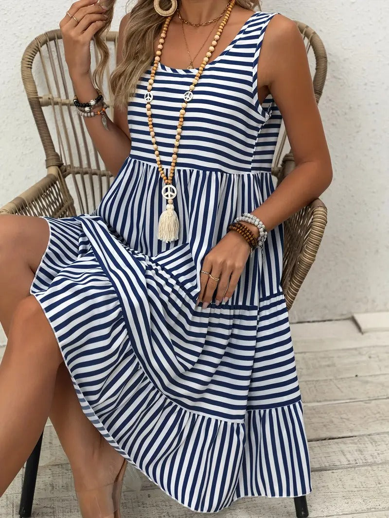 Women's Striped Sleeveless Relaxed Fit Tiered Summer Dress™ – Mühelose Eleganz für warme Tage