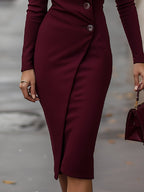Women's Buttoned Wrap V Neck Elegant Slim Fit Midi Dress™ – Elegante Vielseitigkeit für jeden Anlass