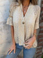 Women's Textured V-Neck Button Top Relaxed Fit Lightweight Casual Elegant Blouse™ – Elegante Vielseitigkeit für jeden Tag