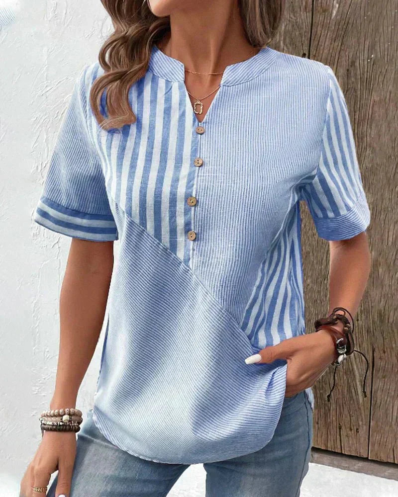 Women's Striped Button V-Neck Blouse Relaxed Fit Lightweight Casual Summer Top™ – Zeitloser Komfort für den Alltag