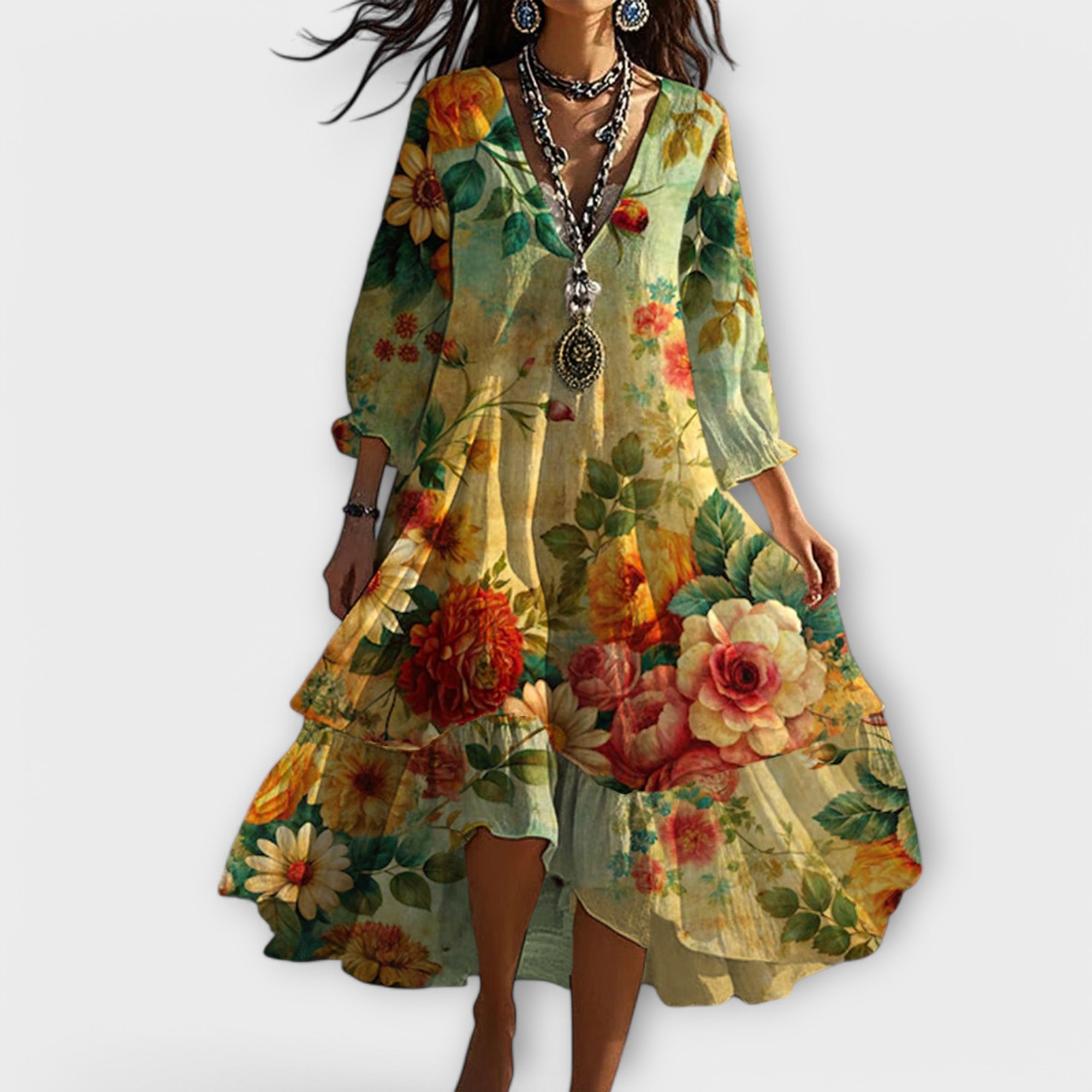 Women's Vintage Boho Floral V Neck Relaxed Fit Midi Dress™ – Zeitlose Eleganz für entspannte Alltagsmomente