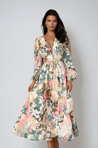 Women's Floral V-Neck Midi Dress with Long Sleeves™ – Zeitlose Eleganz für jeden Anlass
