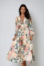 Women's Floral V-Neck Midi Dress with Long Sleeves™ – Zeitlose Eleganz für jeden Anlass